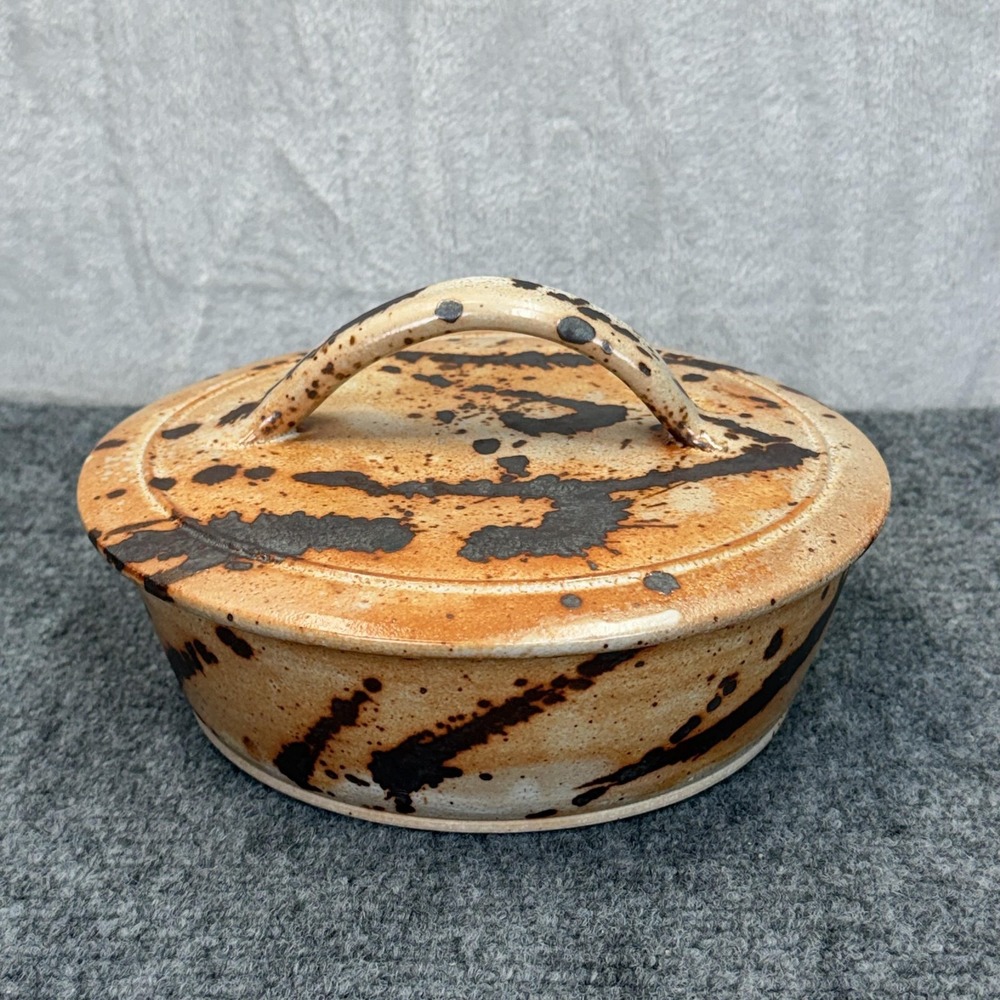 Art Pottery Stoneware Casserole w/ Lid Ochre Lava Drip Glaze Baking Dish